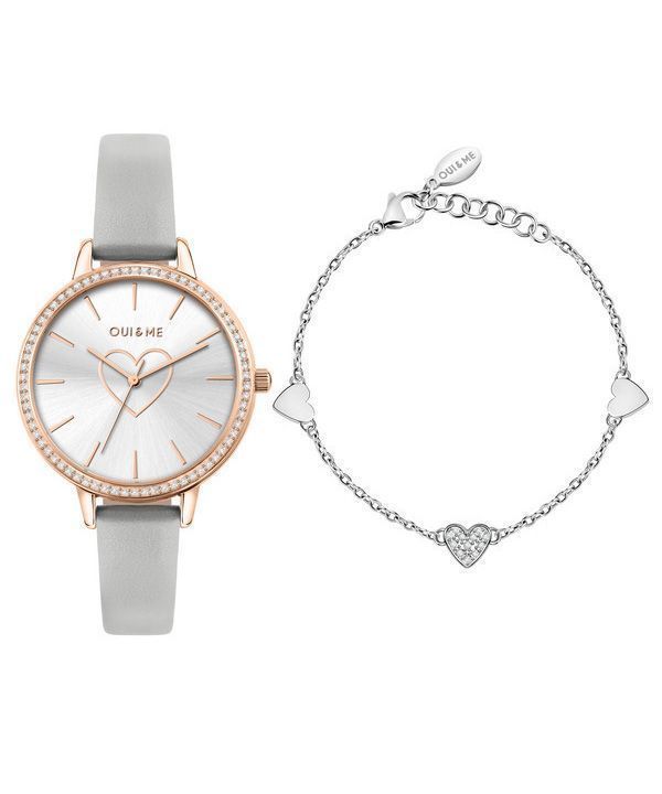 Oui &amp, Me Amourette Krystal Accenter Læderrem Sølv Urskive Quartz ME010289 Dameur med ekstra armbånd