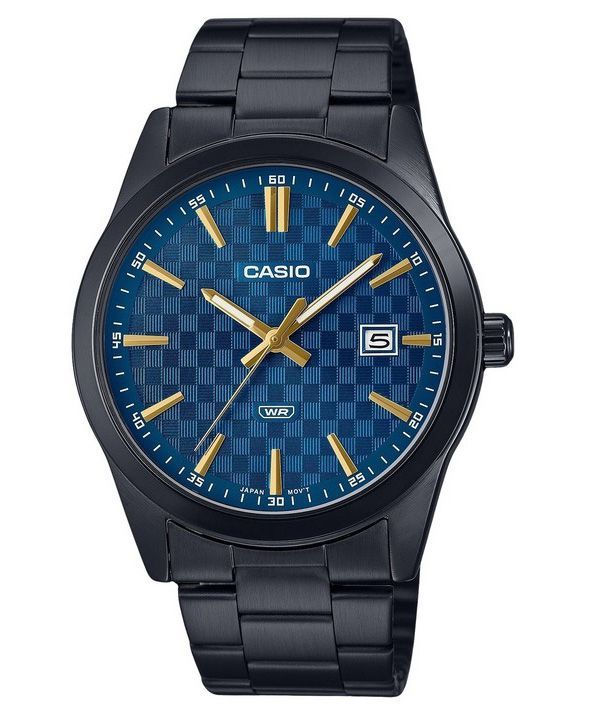 Casio standard analog sort ionbelagt rustfrit stål blå skive kvarts MTP-VD03B-2A herreur