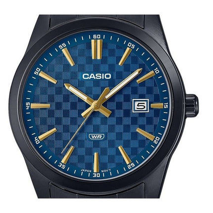 Casio standard analog sort ionbelagt rustfrit stål blå skive kvarts MTP-VD03B-2A herreur