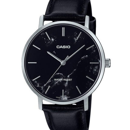 Casio Standard Analog sort læderrem Marmorinspireret sort skive Quartz MTP-VT01LM-1A herreur