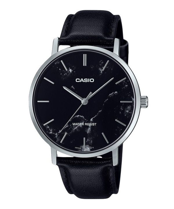 Casio Standard Analog sort læderrem Marmorinspireret sort skive Quartz MTP-VT01LM-1A herreur