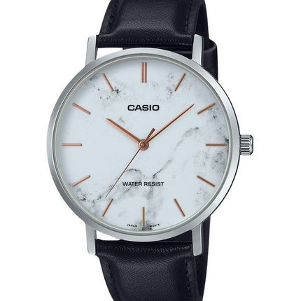 Casio Standard Analog sort læderrem Marmor inspireret hvid skive Quartz MTP-VT01LM-7A herreur