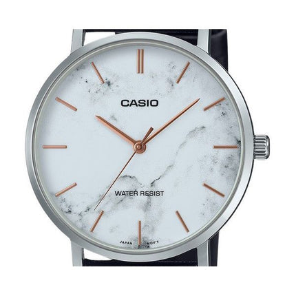 Casio Standard Analog sort læderrem Marmor inspireret hvid skive Quartz MTP-VT01LM-7A herreur