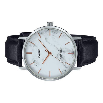 Casio Standard Analog sort læderrem Marmor inspireret hvid skive Quartz MTP-VT01LM-7A herreur