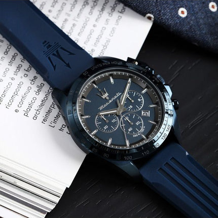 Maserati Traguardo Limited Edition Chronograph gummirem Blue Dial Quartz R8871612042 100M herreur