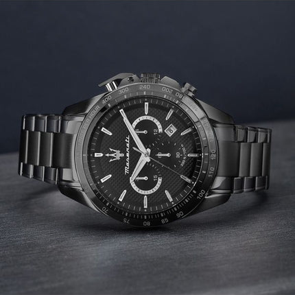 Maserati Traguardo Limited Edition Chronograph PVD-coated rustfrit stål sort kvarts R8873612045 100M herreur