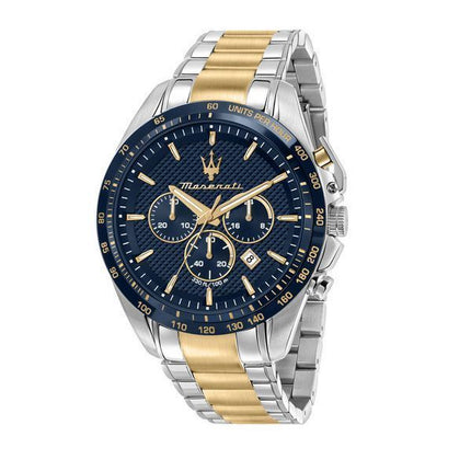 Maserati Traguardo Limited Edition Chronograph Two Tone Rustfrit Steel Blue Dial Quartz R8873612046 100M herreur