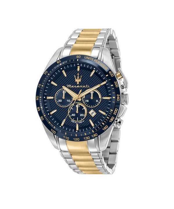 Maserati Traguardo Limited Edition Chronograph Two Tone Rustfrit Steel Blue Dial Quartz R8873612046 100M herreur