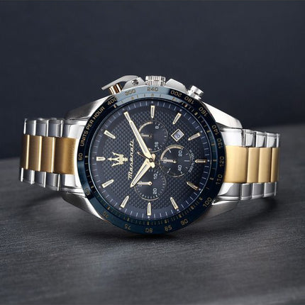 Maserati Traguardo Limited Edition Chronograph Two Tone Rustfrit Steel Blue Dial Quartz R8873612046 100M herreur