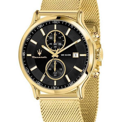 Maserati Epoca Chronograph Gold Tone Rustfrit Stål Mesh Sort Urskive Quartz R8873618014 100M herreur