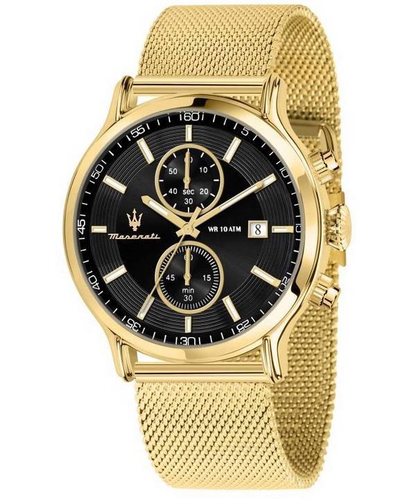 Maserati Epoca Chronograph Gold Tone Rustfrit Stål Mesh Sort Urskive Quartz R8873618014 100M herreur