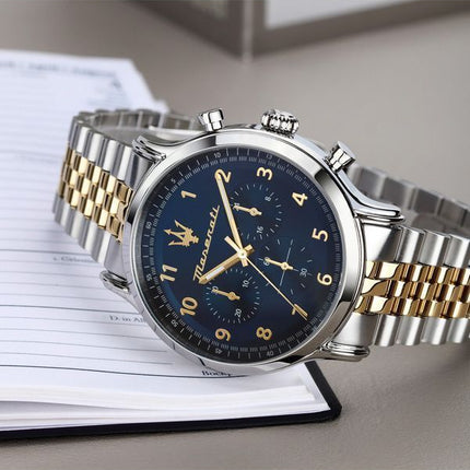 Maserati Epoca Limited Edition Chronograph Two Tone Rustfrit Steel Blue Dial Quartz R8873618030 100M herreur