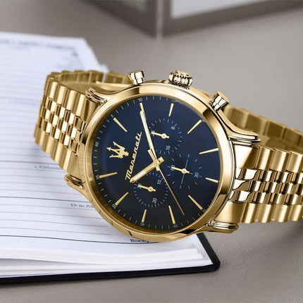 Maserati Epoca Limited Edition Chronograph Gold Tone Rustfri Blue Dial Quartz R8873618031 100M herreur