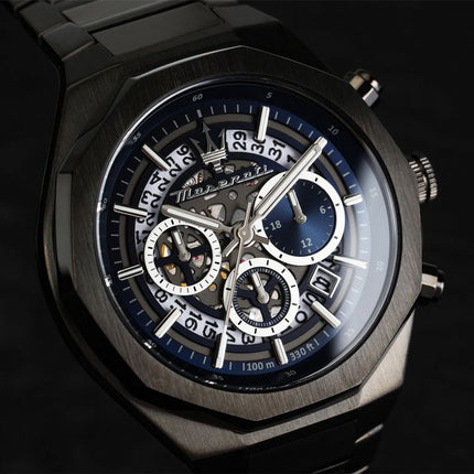 Maserati Stile Chronograph Rustfrit Stål Blå Skeleton Dial Quartz R8873642012 100M herreur