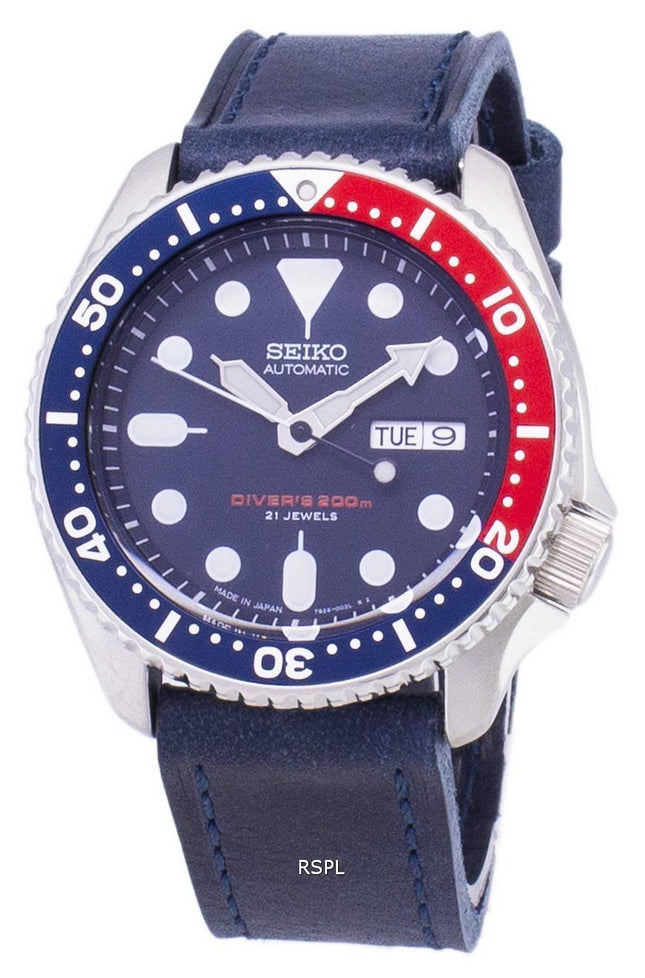 Seiko automatiske SKX009J1-LS13 dykkerens 200M mørk blå læder rem Herreur