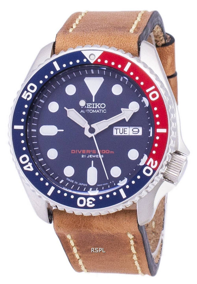 Seiko automatiske SKX009J1-LS17 dykkerens 200M Japan gjort brun læder rem Herreur