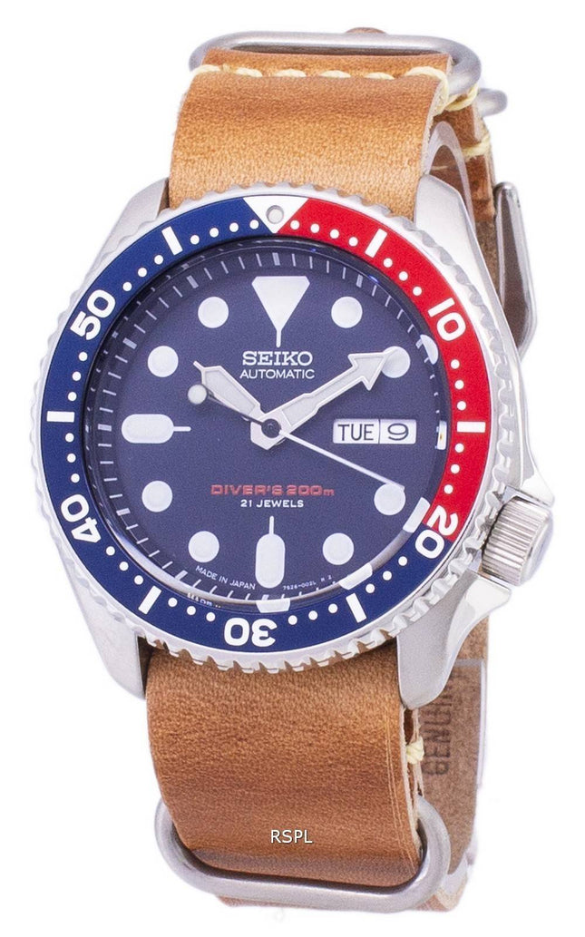 Seiko automatiske SKX009J1-LS18 dykkerens 200M Japan gjort brun læder rem Herreur