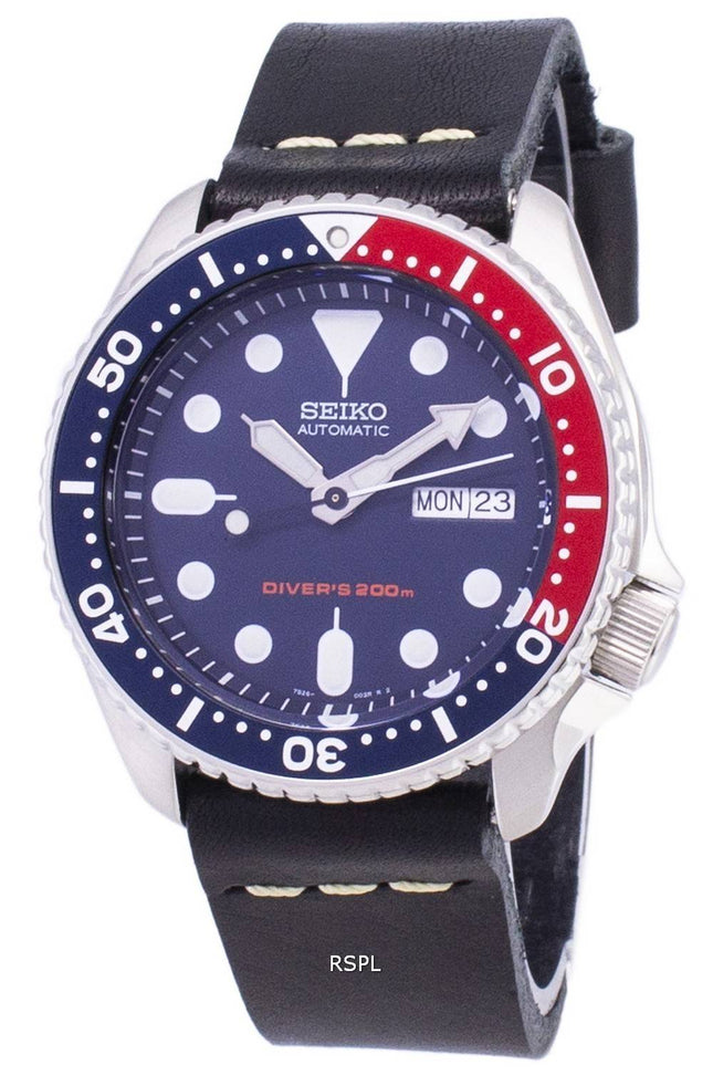 Seiko automatiske SKX009K1-LS14 dykkerens 200M sort læder rem Herreur