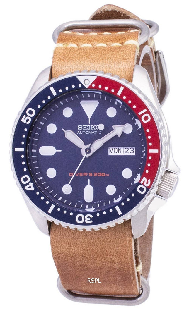 Seiko automatiske SKX009K1-LS18 dykkerens 200M brun læder rem Herreur