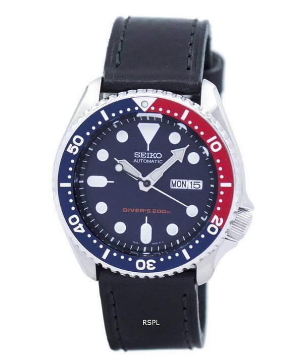 Seiko automatiske dykkerens 200M forholdet sort læder SKX009K1-LS8 Herreur