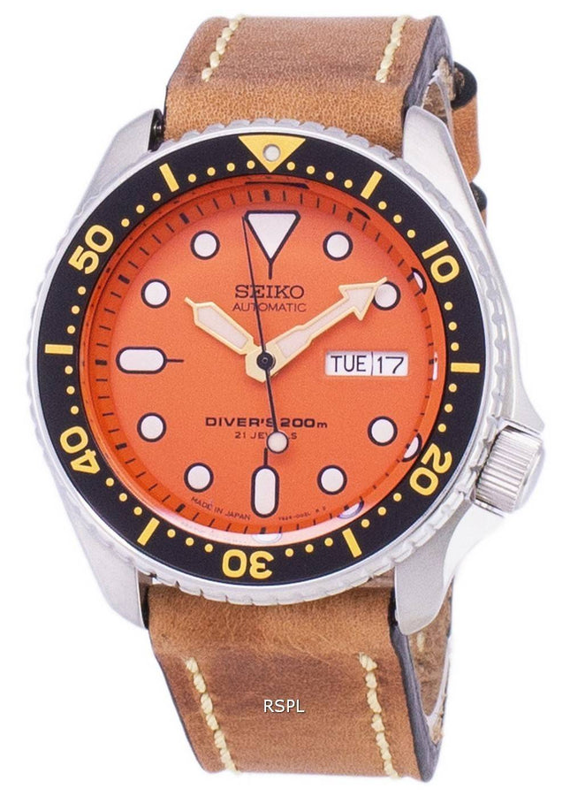 Seiko automatiske SKX011J1-LS17 dykkerens 200M Japan gjort brun læder rem Herreur