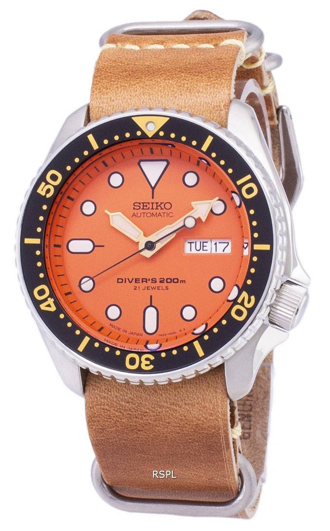 Seiko automatiske SKX011J1-LS18 dykkerens 200M Japan gjort brun læder rem Herreur