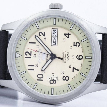 Seiko 5 sport militære automatisk Japan gjort forholdet sort læder SNZG07J1-LS8 Herreur