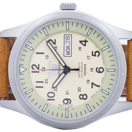 Seiko 5 sport militære automatisk Japan gjort forholdet brun læder SNZG07J1-LS9 Herreur