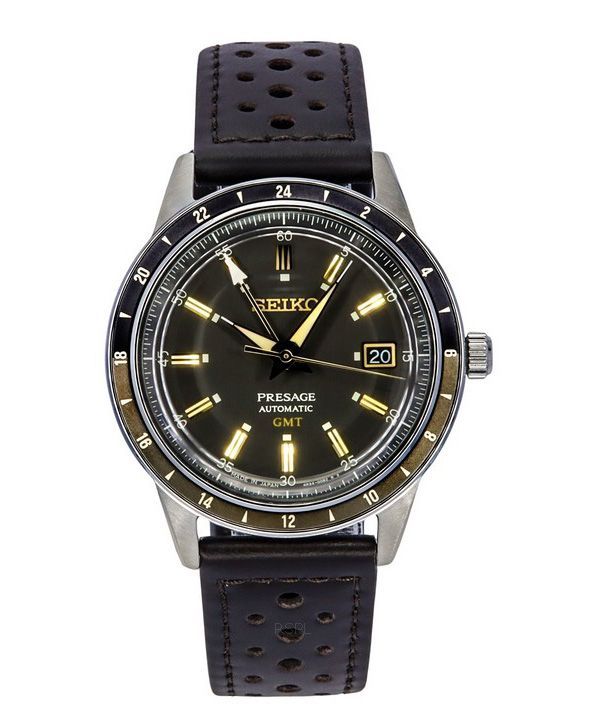 Seiko Presage Style60&#39,s GMT kalvelæderrem med sort skive Automatisk SSK013J1 herreur