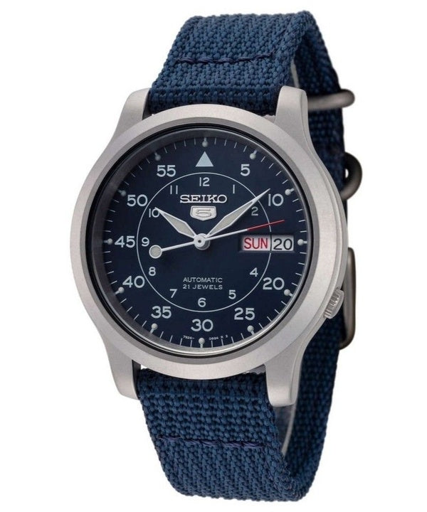 Renoveret Seiko 5 Military Nylon Rem Blue Dial Automatisk 21 Juveler SNK807K2 herreur