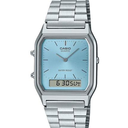 Renoveret Casio Vintage analog digital rustfrit stål turkis urskive Quartz AQ-230A-2A1 unisex ur