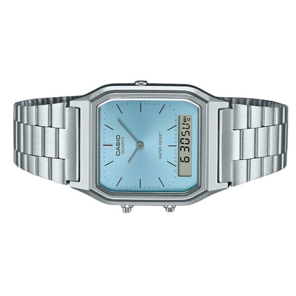 Renoveret Casio Vintage analog digital rustfrit stål turkis urskive Quartz AQ-230A-2A1 unisex ur