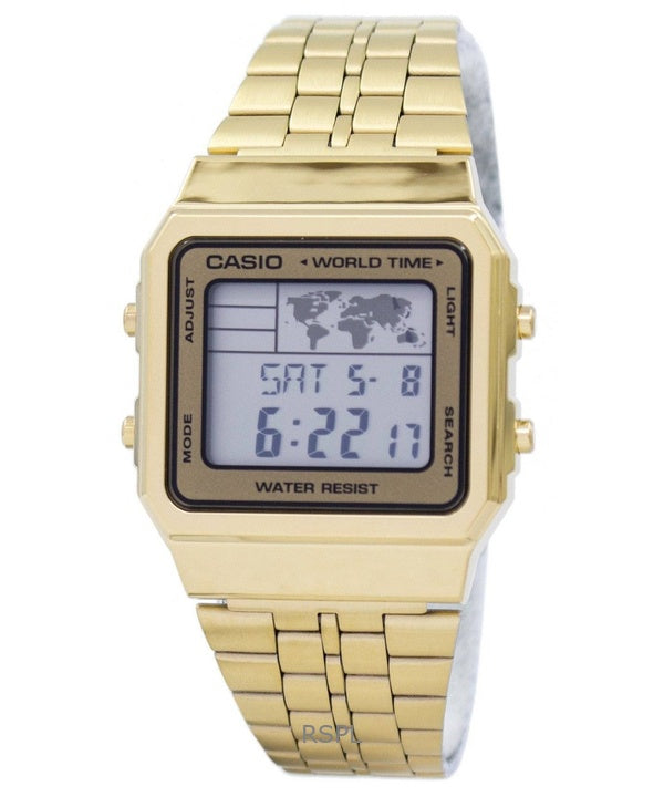 Renoveret Casio Digital Gold Tone rustfrit stål Quartz A500WGA-9DF herreur