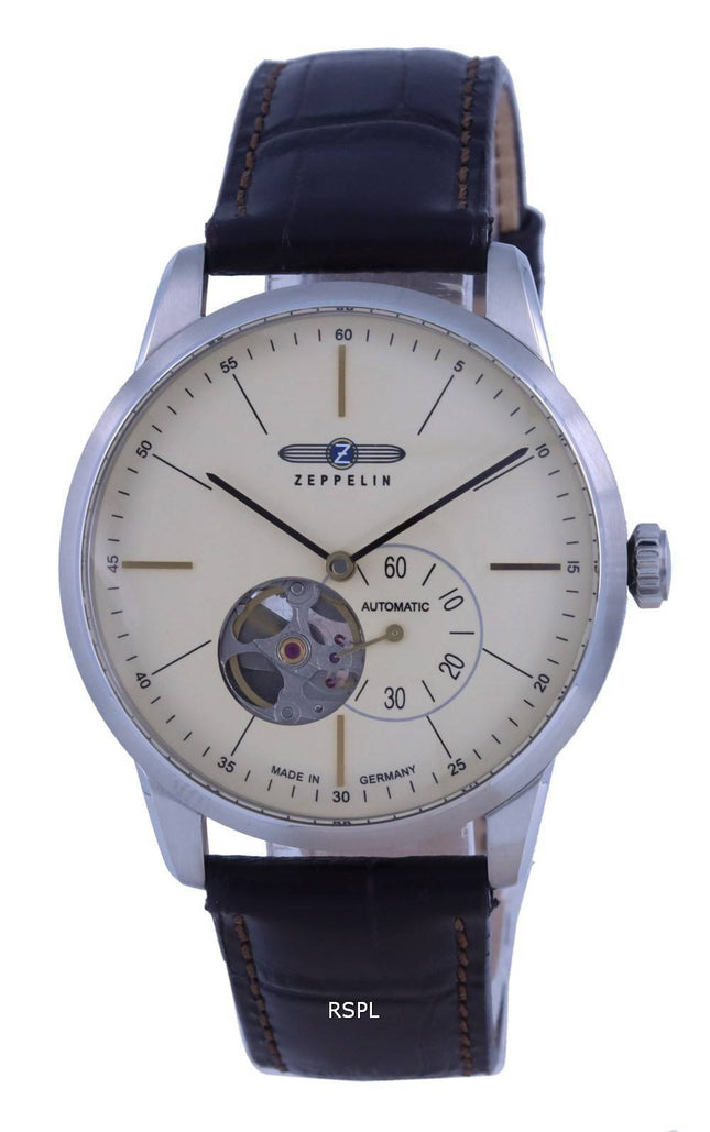 Zeppelin Flatline Open Heart Cream Dial Læderrem Automatisk 7364-5 73645 herreur