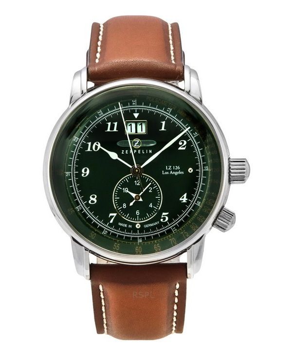 Zeppelin LZ126 Los Angeles brun læderrem Green Dial Quartz 86444 herreur