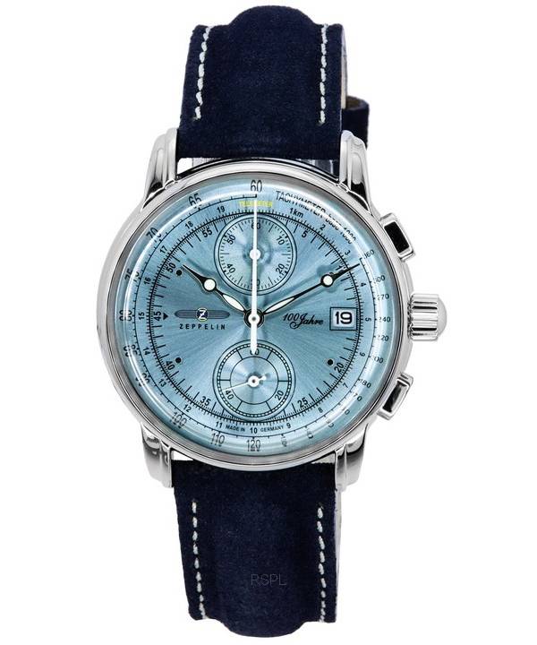 Zeppelin 100 Jahre Chronograph læderrem Ice Blue Dial Quartz 86704 herreur