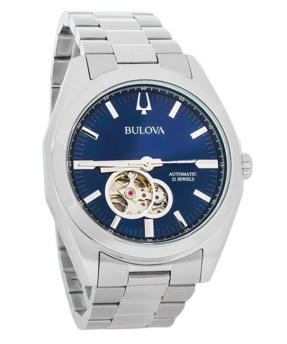 Bulova Classic Surveyor rustfrit stål blå åben hjerteskive automatisk 96A275 herreur