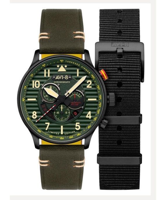 AVI-8 Flyboy Spirit Of Tuskegee Chronograph Limited Edition Roberts Green Dial Quartz AV-4109-04 Herreur med ekstra rem