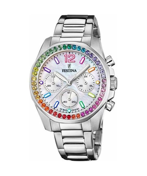 Festina Rainbow Chronograph Rustfrit stål Krystal accenter Sølvskive Quartz F20606-2 100M dameur