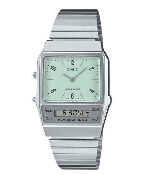 Casio Vintage Analog Digital Dual Time Rustfrit Stål Armbånd Grøn Urskive Quartz AQ-800E-3A Unisex Ur