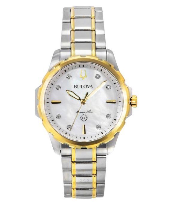 Bulova Marine Star Tofarvet rustfrit stål Diamantaccenter Perlemorskive Kvarts 98P227 100M Dameur