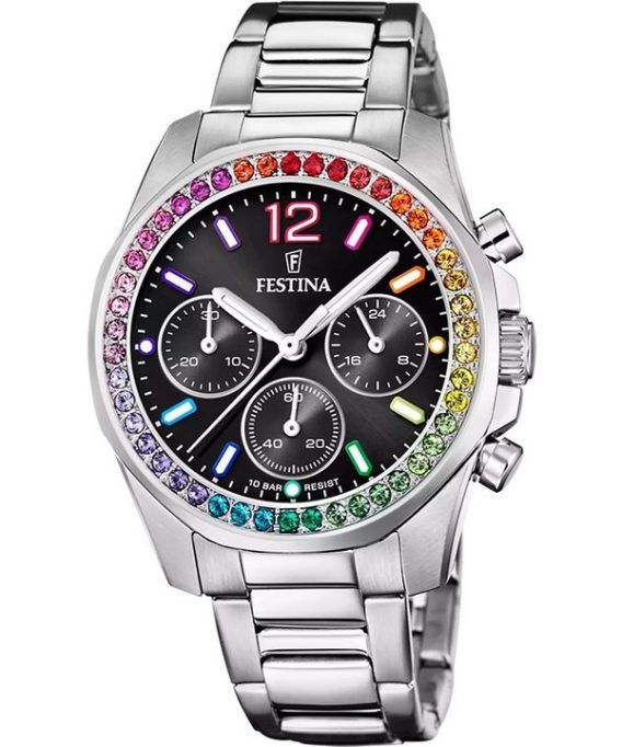 Festina Rainbow Chronograph Krystal Accenter Rustfrit Stål Sort Urskive Quartz F20606-3 100M Dameur