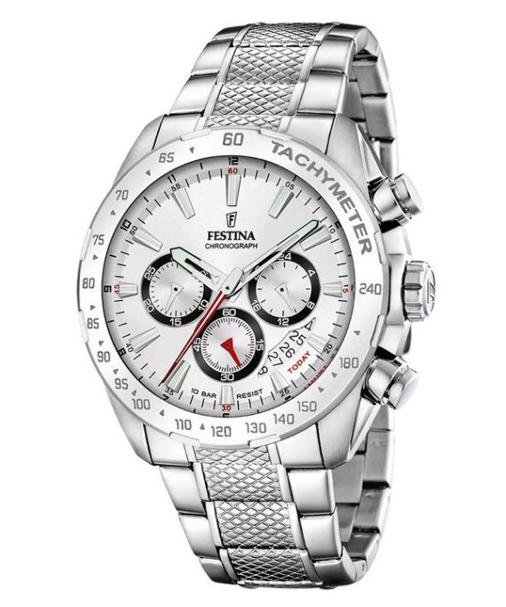 Festina tidløs kronograf rustfrit stål hvid skive kvarts F20668-1 100M herreur