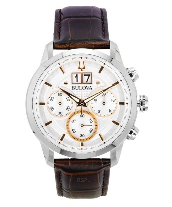 Bulova Sutton Big Date Chronograph Brun læderrem Silver Dial Quartz 96B309 Herreur