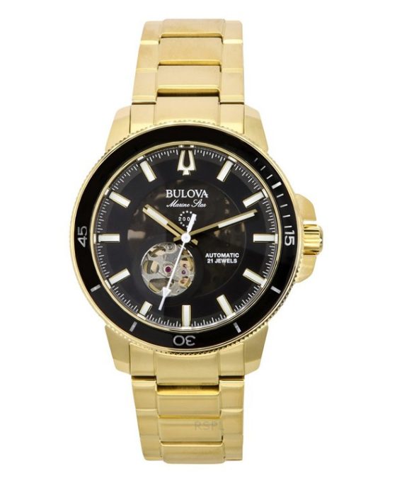 Bulova Marine Star Gold Tone Rustfrit Stål Sort Urskive Automatisk Diver&#39,s 97A174 200M herreur