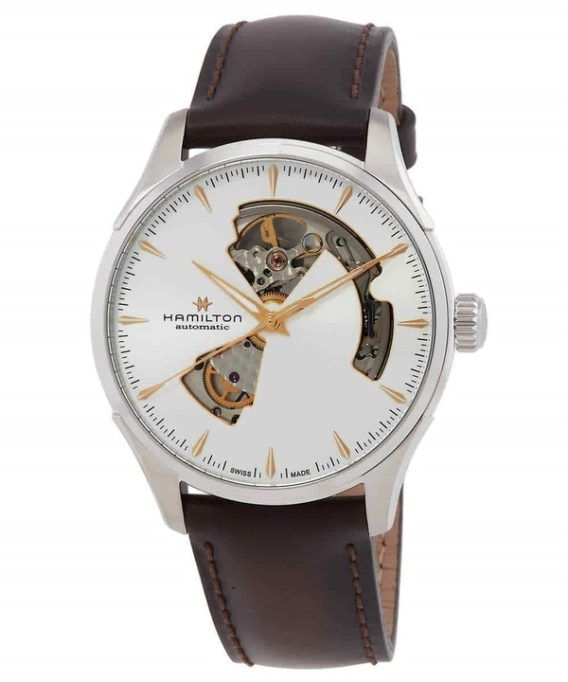 Hamilton Jazzmaster læderrem sølv åben hjerteskive automatisk H32675551 herreur