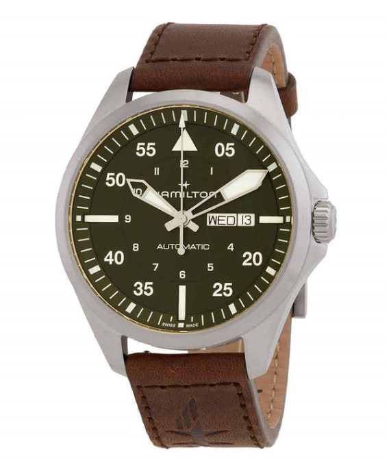 Hamilton Khaki Aviation Pilot Læderrem Grøn Urskive Automatisk H64635560 100M herreur