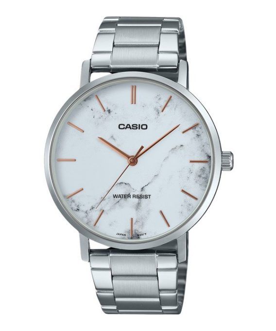 Casio Standard Analog rustfrit stål Marmor inspireret hvid skive Quartz MTP-VT01DM-7A herreur