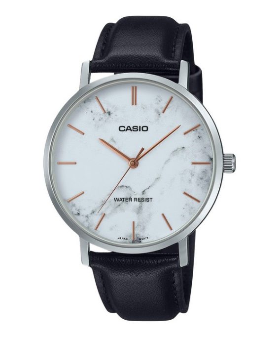 Casio Standard Analog sort læderrem Marmor inspireret hvid skive Quartz MTP-VT01LM-7A herreur