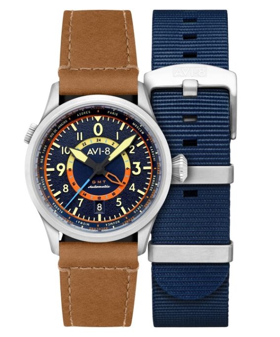 AVI-8 Flyboy Wingman Worldtimer GMT Atlantic Blue Dial Automatisk AV-4120-01 herreur med ekstra rem